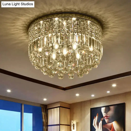 Modern Nickel Flush Mount Ceiling Light With 9-Bulb Crystal Fixture