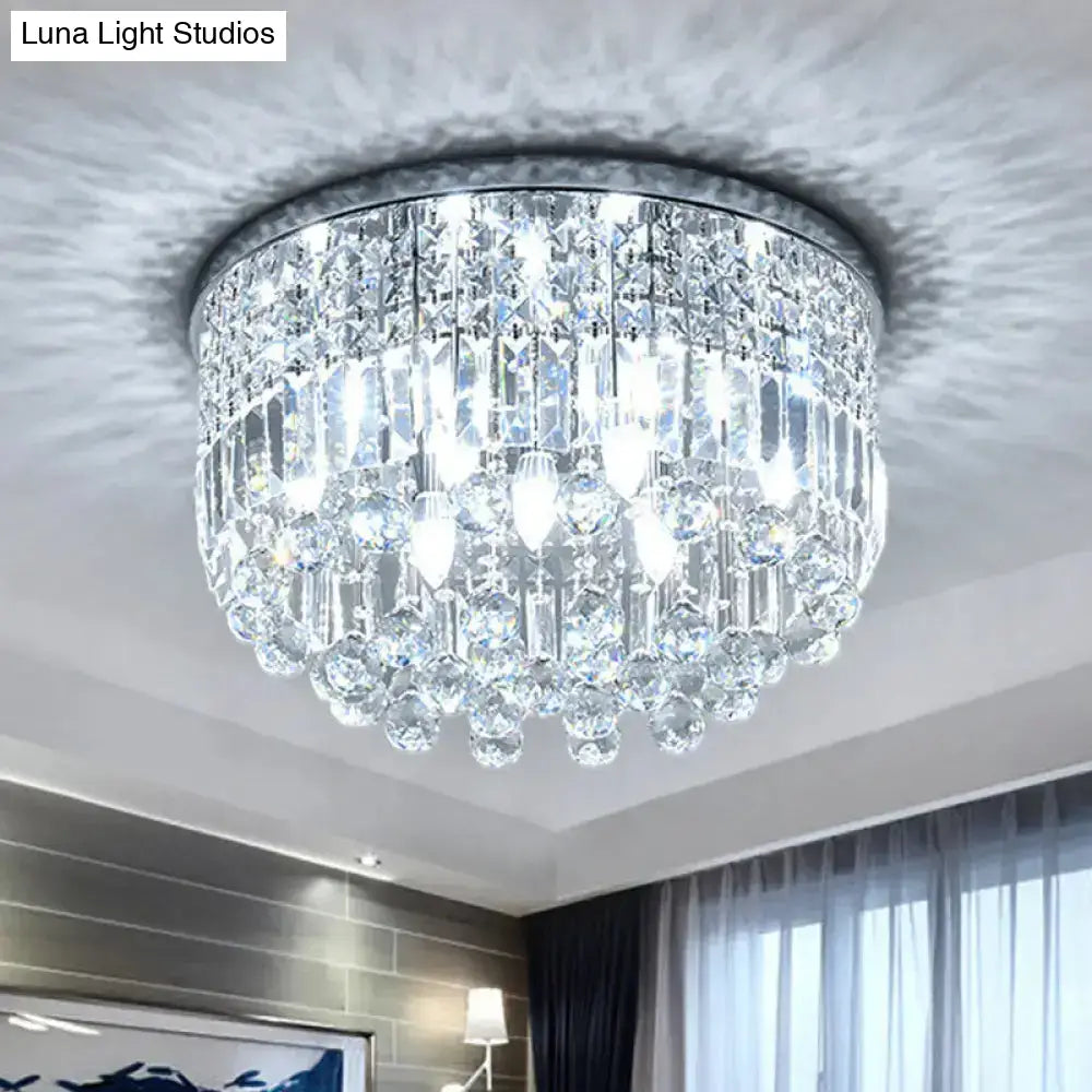 Modern Nickel Flush Mount Ceiling Light With 9-Bulb Crystal Fixture