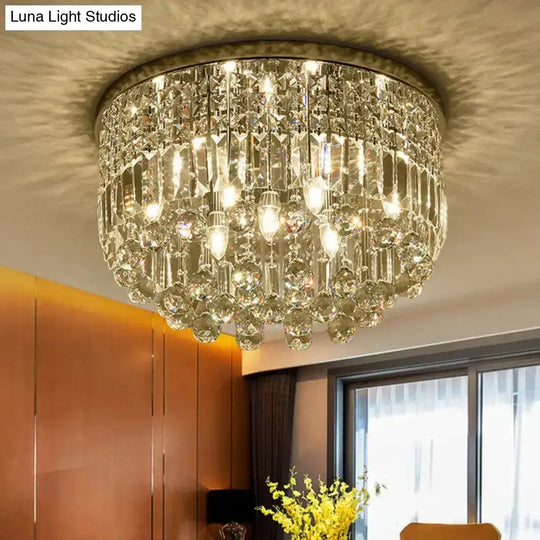 Modern Nickel Flush Mount Ceiling Light With 9-Bulb Crystal Fixture