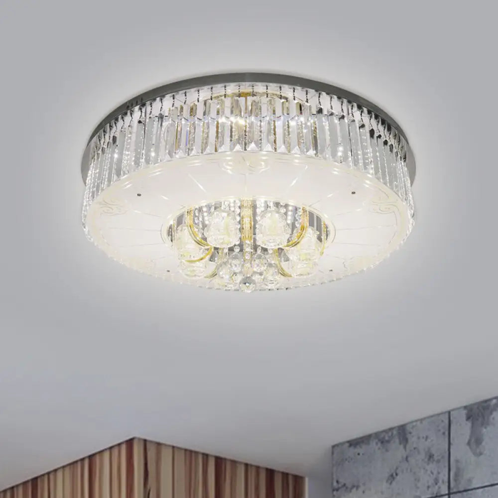 Modern Nickel Led Flush Mount Lamp With Clear Crystal Prisms Drum Design - Stylish Ceiling Lighting