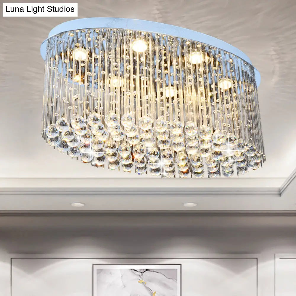 Modern Nickel Oval Flush Mount Crystal Ceiling Light - 6 Heads Dining Room