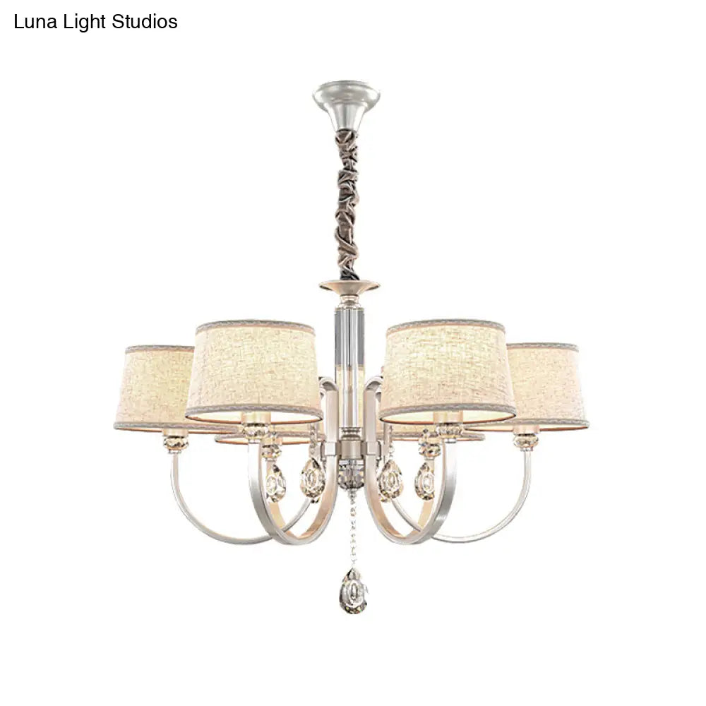 Modern Nickel Swoop Arm Chandelier: 3/6 Lights Metal Drop Lamp With Flaxen Fabric Shade And K9