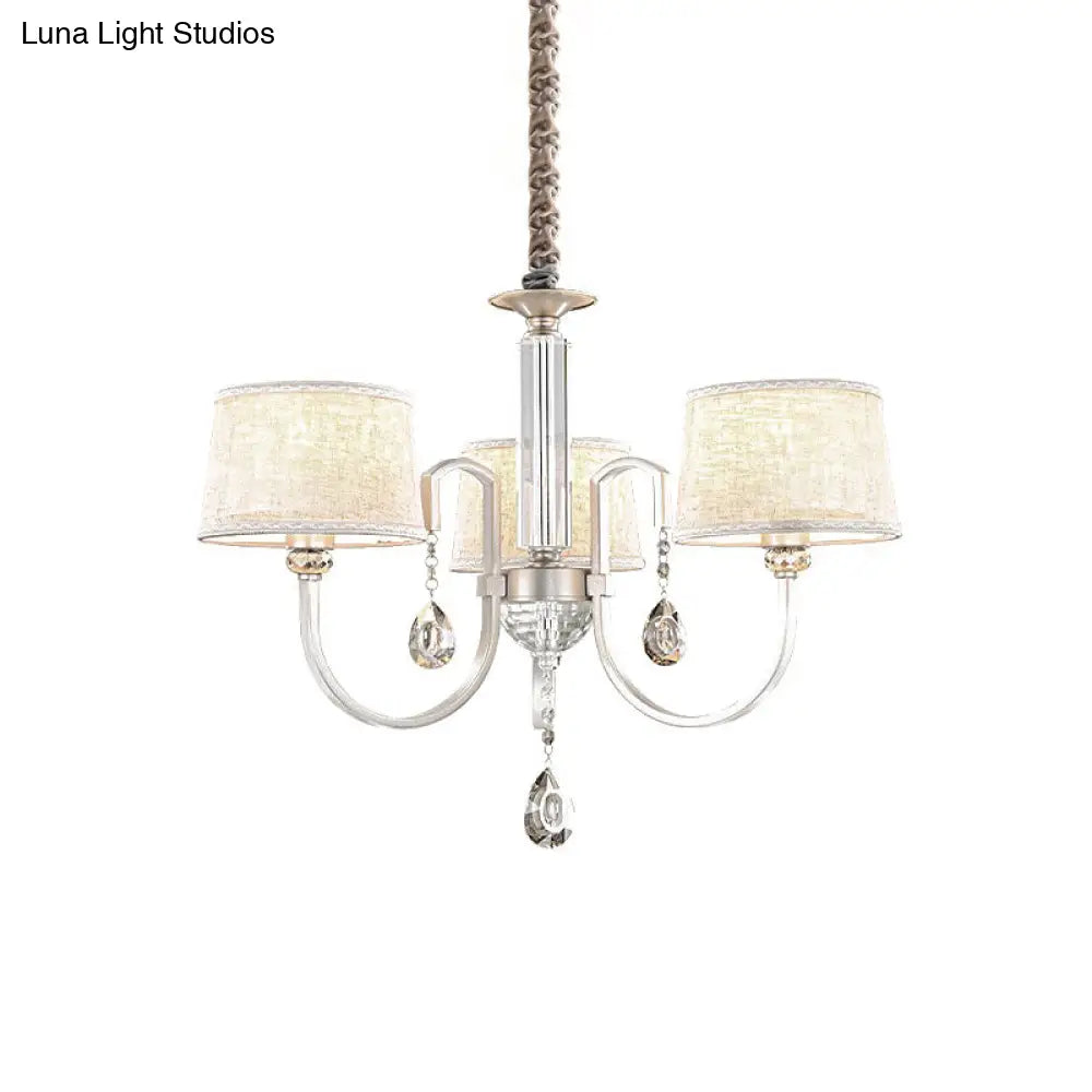 Modern Nickel Chandelier With Swoop Arms Flaxen Fabric Shade And Crystals - 3/6 Lights