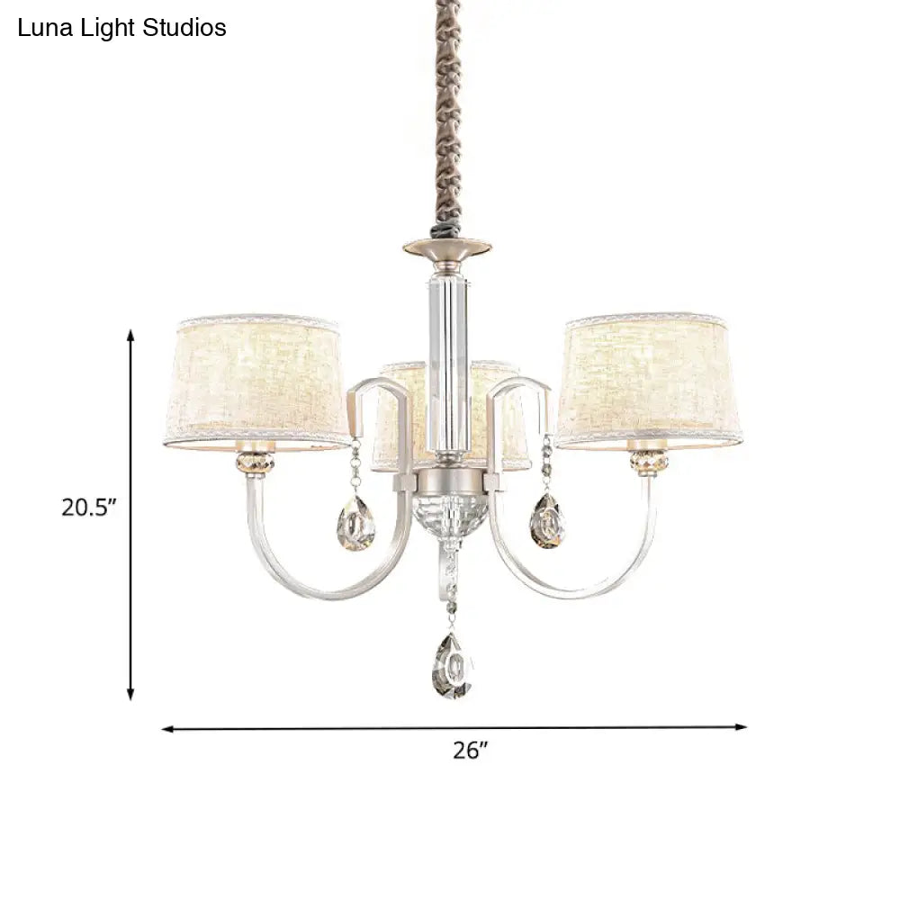 Modern Nickel Swoop Arm Chandelier: 3/6 Lights Metal Drop Lamp With Flaxen Fabric Shade And K9