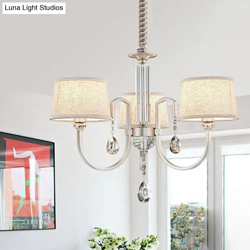 Modern Nickel Chandelier With Swoop Arms Flaxen Fabric Shade And Crystals - 3/6 Lights 3 /