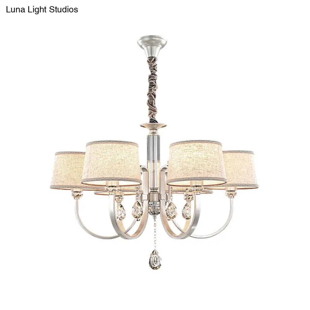 Modern Nickel Chandelier With Swoop Arms Flaxen Fabric Shade And Crystals - 3/6 Lights