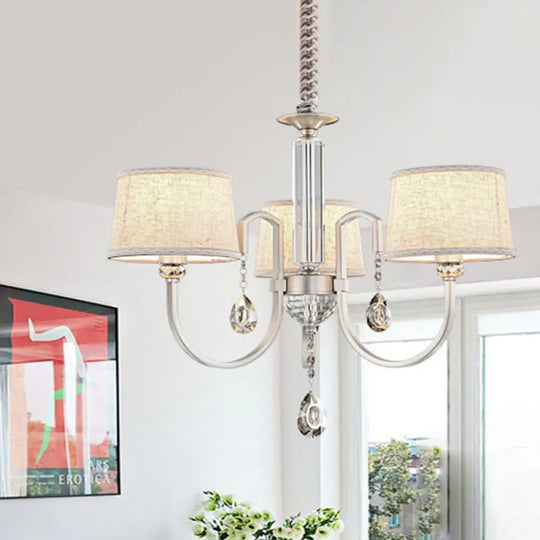 Modern Nickel Swoop Arm Chandelier: 3/6 Lights Metal Drop Lamp With Flaxen Fabric Shade And K9