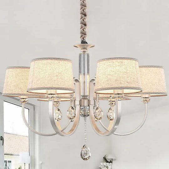 Modern Nickel Swoop Arm Chandelier: 3/6 Lights Metal Drop Lamp With Flaxen Fabric Shade And K9