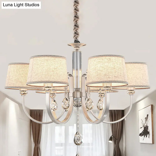 Modern Nickel Swoop Arm Chandelier: 3/6 Lights Metal Drop Lamp With Flaxen Fabric Shade And K9