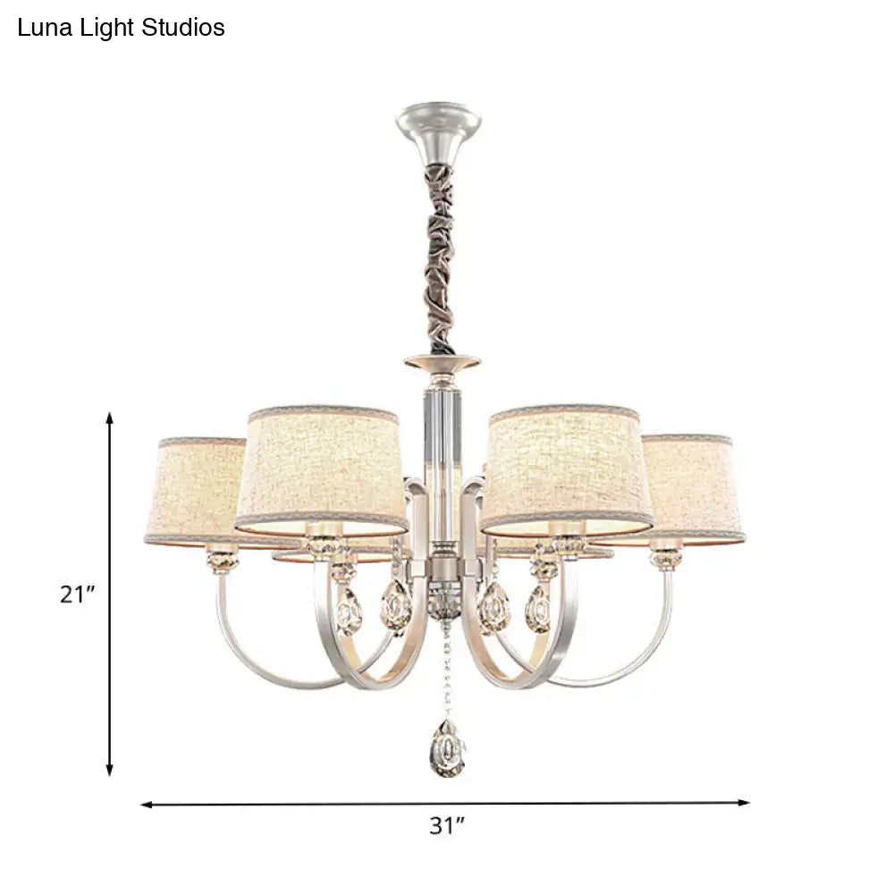 Modern Nickel Chandelier With Swoop Arms Flaxen Fabric Shade And Crystals - 3/6 Lights