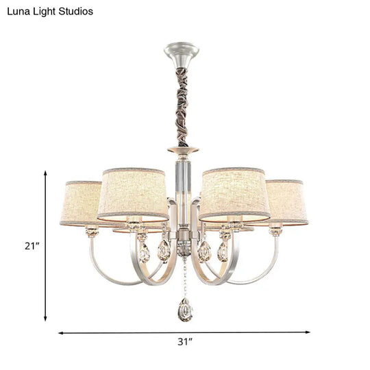 Modern Nickel Chandelier With Swoop Arms Flaxen Fabric Shade And Crystals - 3/6 Lights