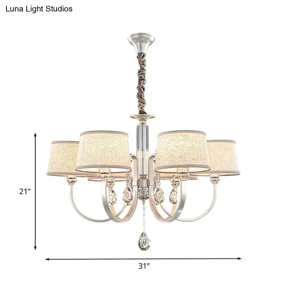 Modern Nickel Swoop Arm Chandelier: 3/6 Lights Metal Drop Lamp With Flaxen Fabric Shade And K9