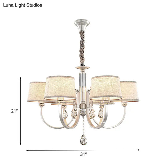 Modern Nickel Swoop Arm Chandelier: 3/6 Lights Metal Drop Lamp With Flaxen Fabric Shade And K9