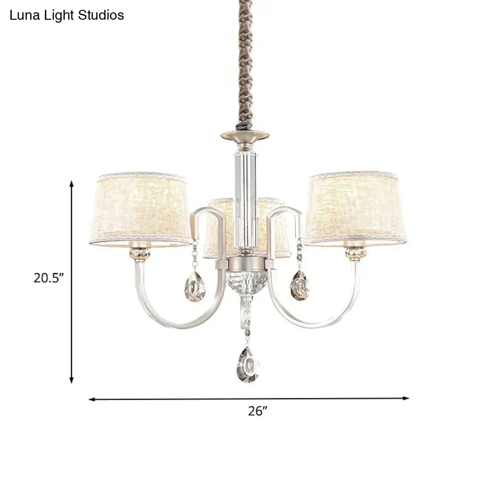 Modern Nickel Chandelier With Swoop Arms Flaxen Fabric Shade And Crystals - 3/6 Lights