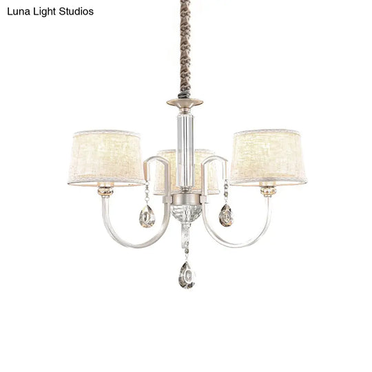 Modern Nickel Swoop Arm Chandelier: 3/6 Lights Metal Drop Lamp With Flaxen Fabric Shade And K9