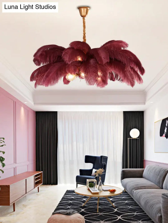 Modern Nordic 5-Light Ostrich Feather Ceiling Chandelier For Bedroom