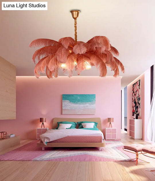 Modern Nordic 5-Light Ostrich Feather Ceiling Chandelier For Bedroom