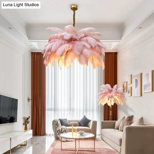 Modern Nordic 5-Light Ostrich Feather Ceiling Chandelier For Bedroom