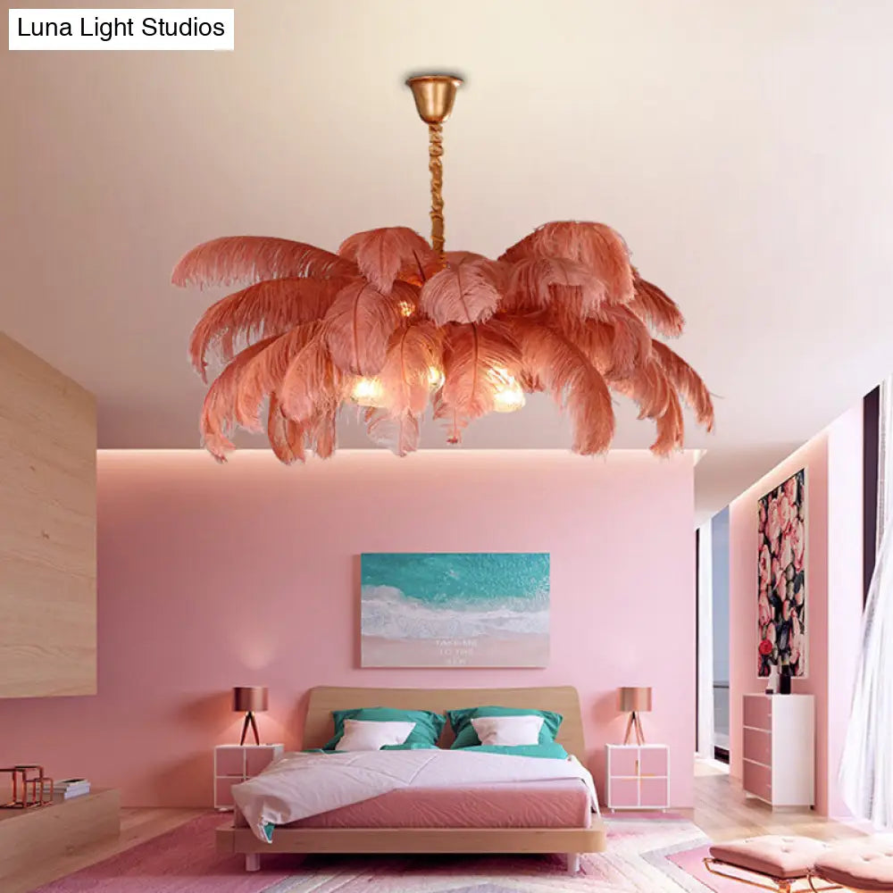 Modern Nordic 5-Light Ostrich Feather Ceiling Chandelier For Bedroom