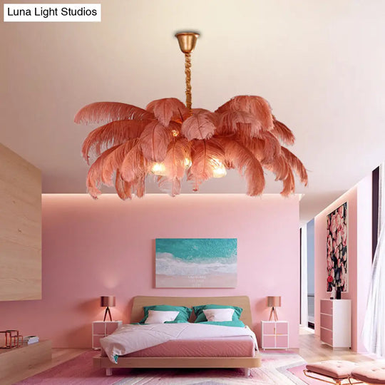 Modern Nordic 5-Light Ostrich Feather Ceiling Chandelier For Bedroom