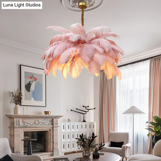 Modern Nordic 5-Light Ostrich Feather Ceiling Chandelier For Bedroom