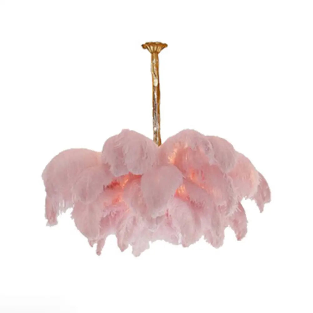 Modern Nordic 5-Light Ostrich Feather Ceiling Chandelier For Bedroom Pink