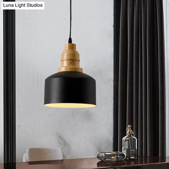 Modern Nordic Black Drum Pendant Ceiling Lamp With Wood Top - 1-Bulb Iron Hanging Light