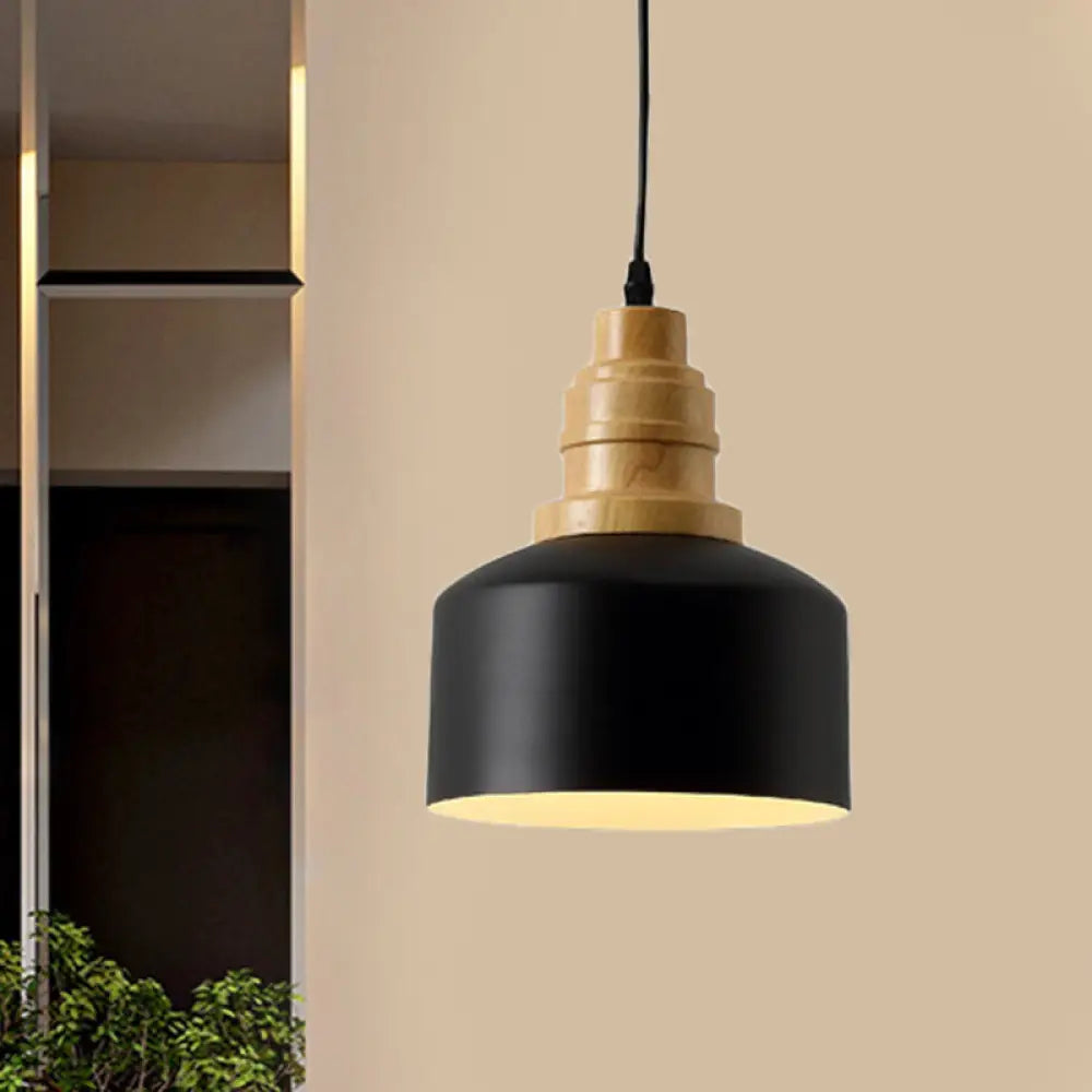 Modern Nordic Black Drum Hanging Pendant Lamp With Wooden Top - 1 Bulb Iron Ceiling Lighting