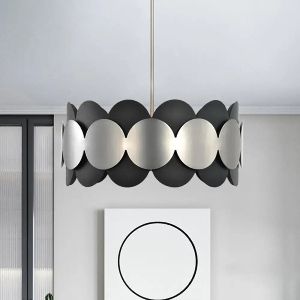 Modern Nordic Black Drum Pendant Light With 6 Bulbs - Metallic Ceiling Chandelier For Bedroom