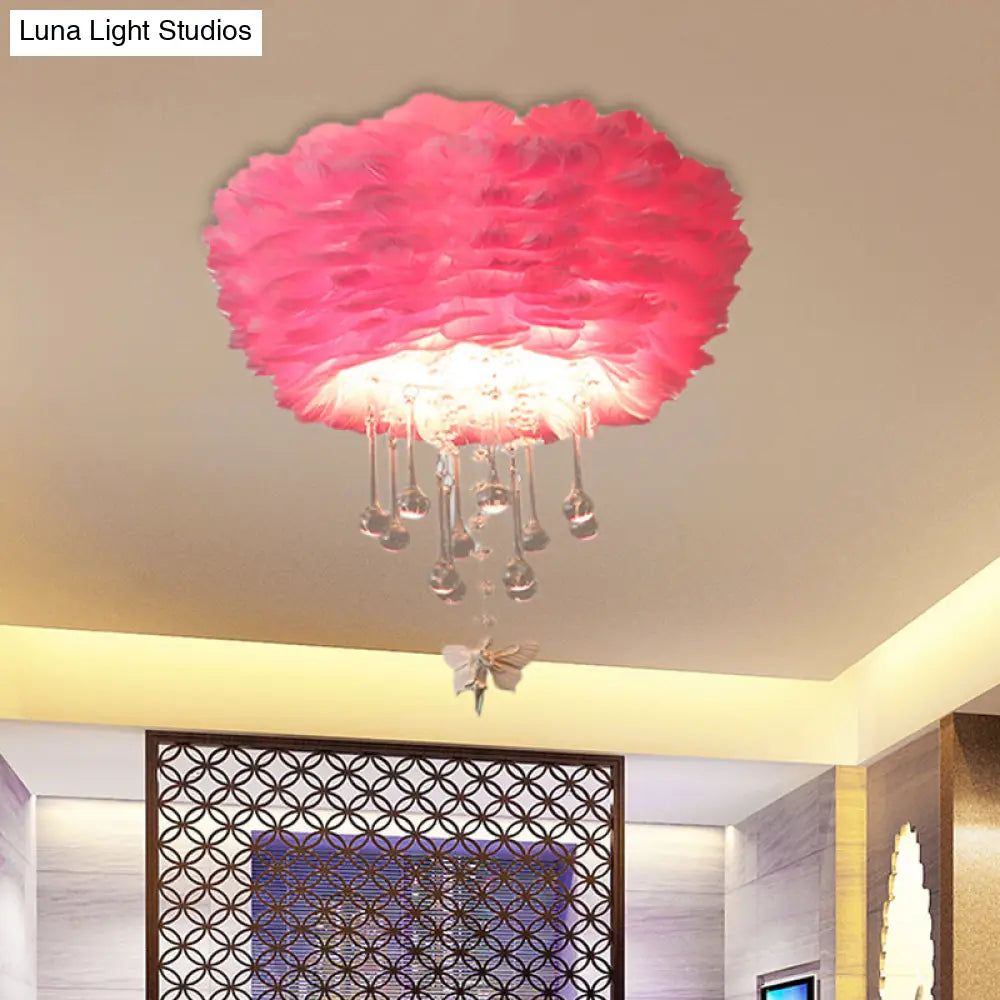 Modern Nordic Cloud Flush Light With Crystal Drop - White/Pink/Black Feather 2/3/4 Lights Bedroom