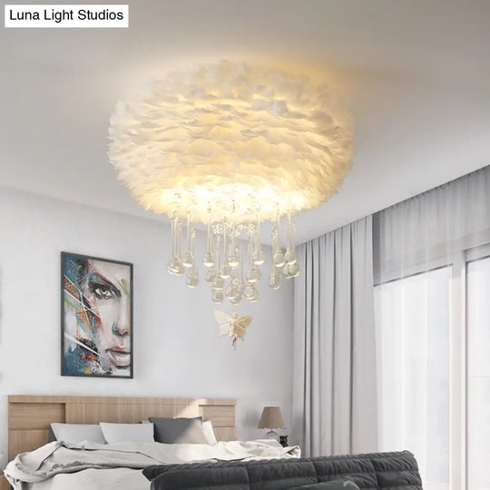 Modern Nordic Cloud Flush Light With Crystal Drop - White/Pink/Black Feather 2/3/4 Lights Bedroom
