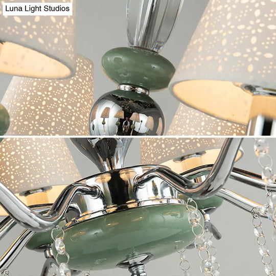 Green Nordic Cone Pendant Lamp With Crystal Drop - 8 Lights Chandelier For Bedroom