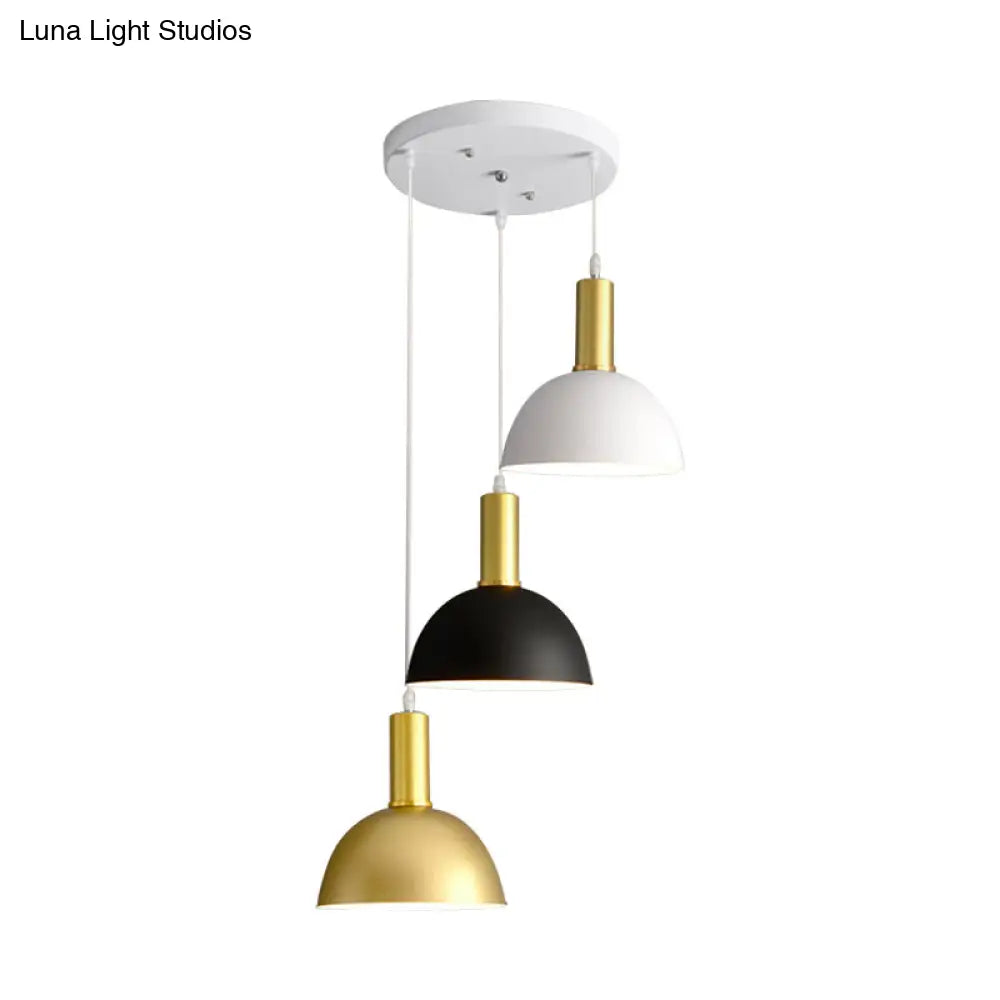 Nordic Domed Hanging Light Kit - 3-Head Iron Pendant In White-Black-Gold For Stylish Dining Rooms