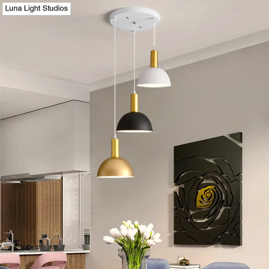 Modern Nordic Domed Hanging Light In White-Black-Gold - 3 Heads Dining Room Pendant Kit