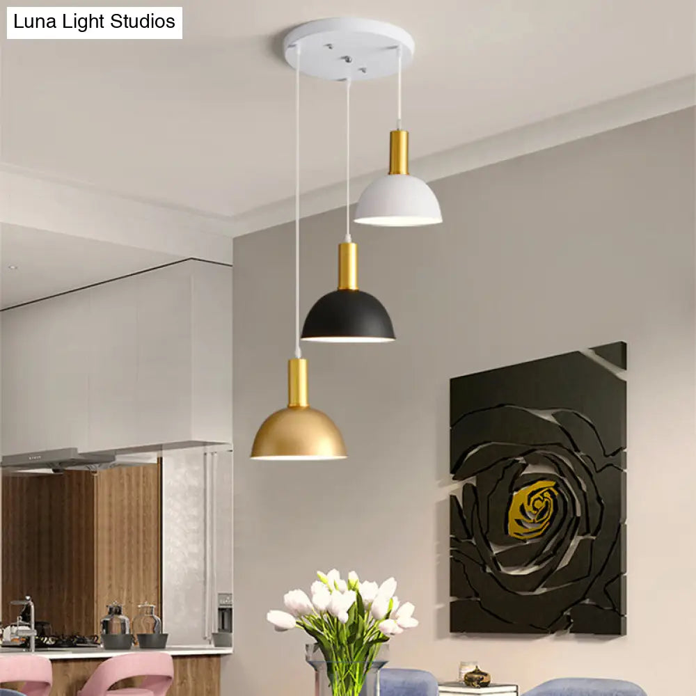 Nordic Domed Hanging Light Kit - 3-Head Iron Pendant In White-Black-Gold For Stylish Dining Rooms