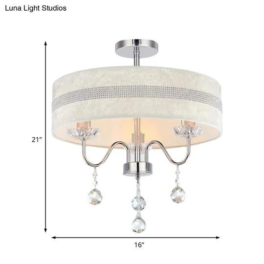 Modern Nordic Drum Fabric Chandelier Light With Crystal Drop For Bedroom - Chrome Finish