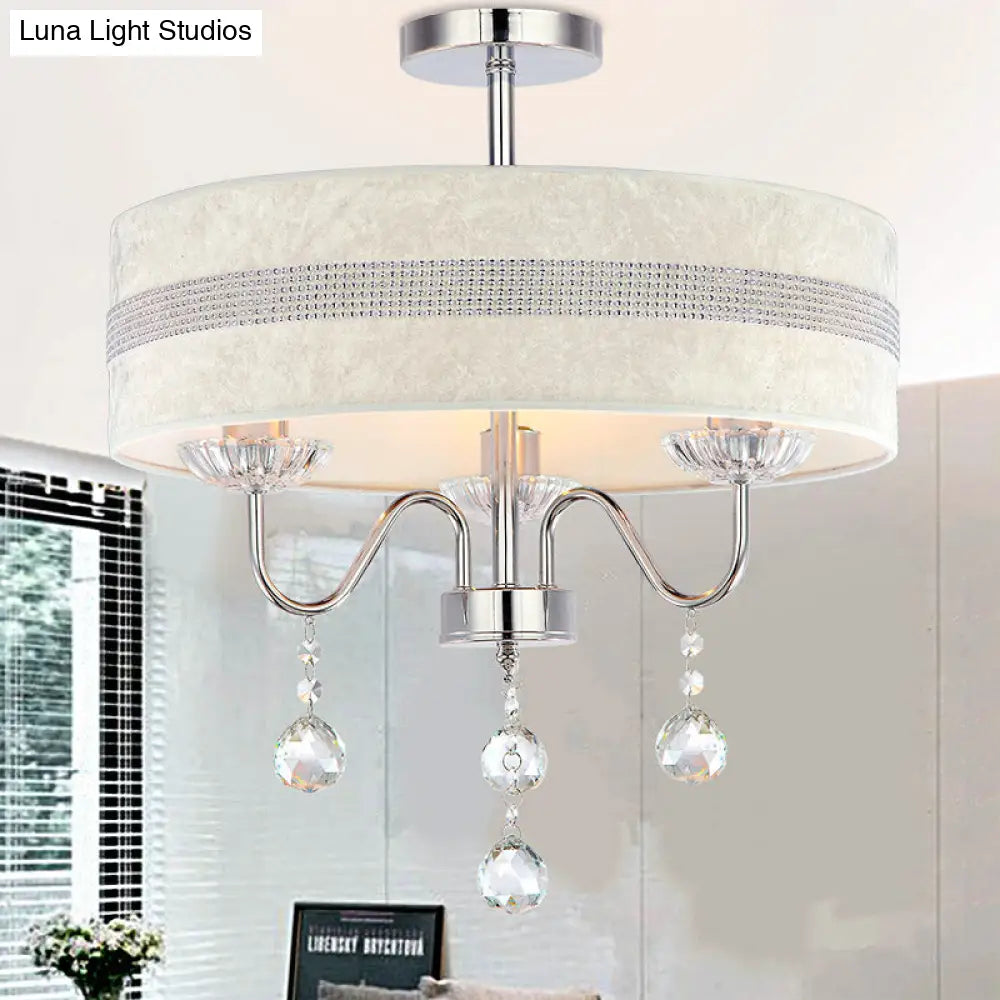 Modern Nordic Drum Fabric Chandelier Light With Crystal Drop For Bedroom - Chrome Finish