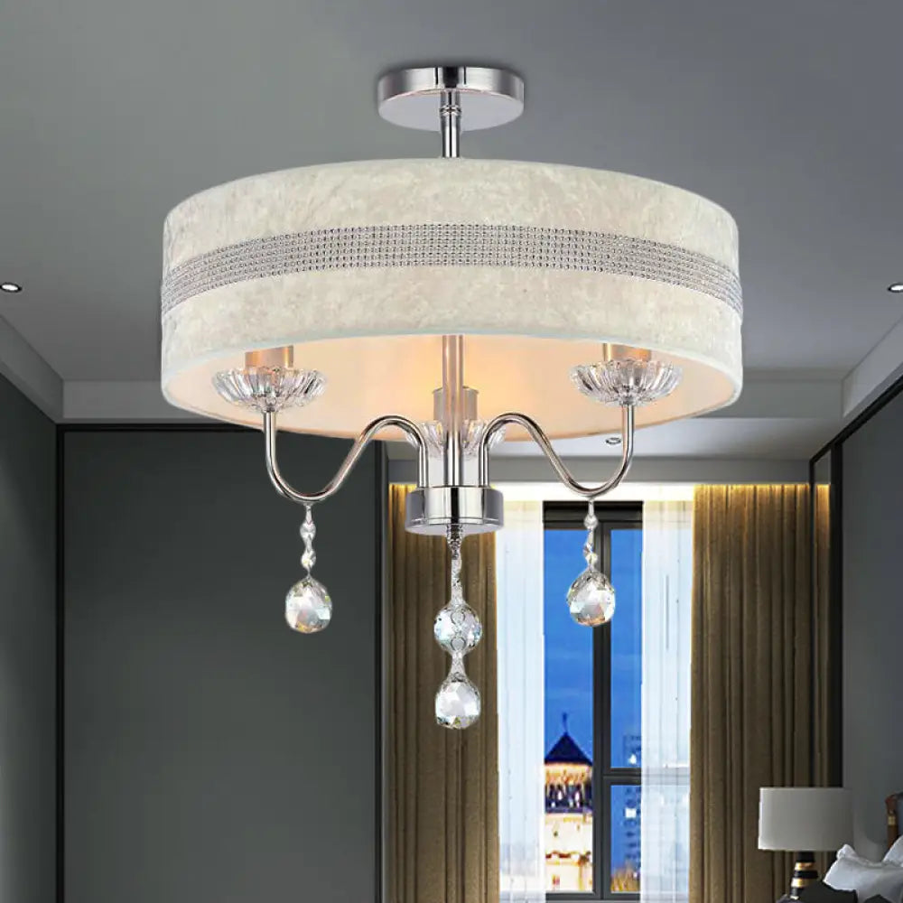 Modern Nordic Drum Fabric Chandelier Light With Crystal Drop For Bedroom - Chrome Finish 3 /