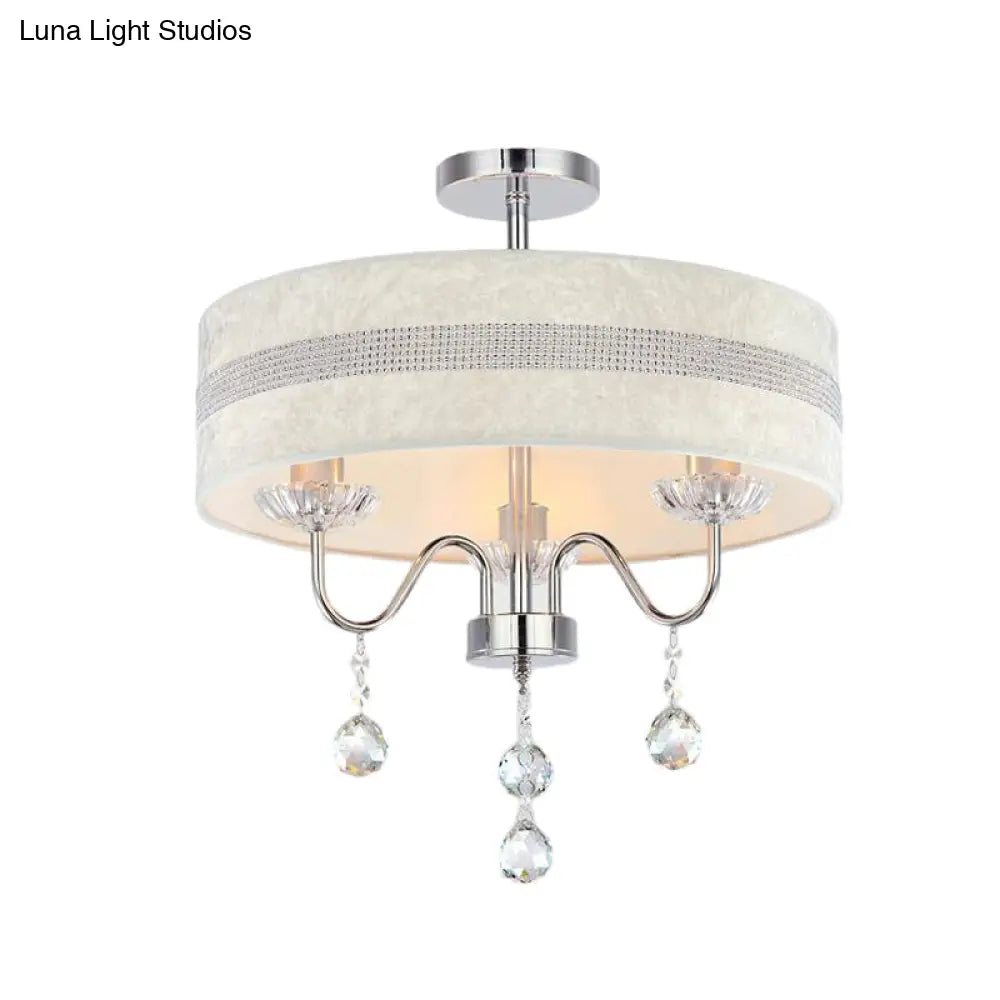 Modern Nordic Drum Fabric Chandelier Light With Crystal Drop For Bedroom - Chrome Finish