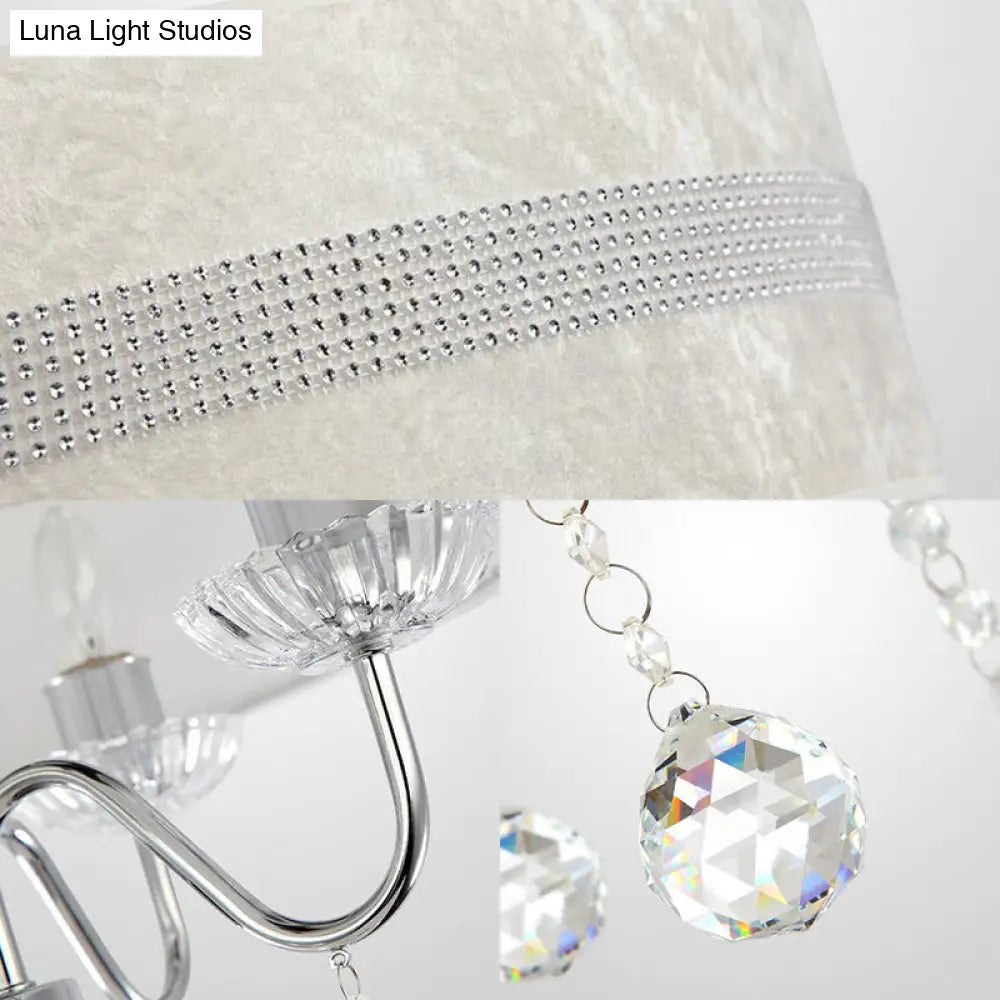 Nordic Drum Fabric Chandelier Light With Crystal Drop - Chrome Finish For Bedroom (3/4 Lights)