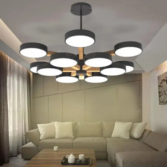 Modern Nordic Hanging Light: Acrylic & Wood Round Chandelier For Living Room 12 / Black