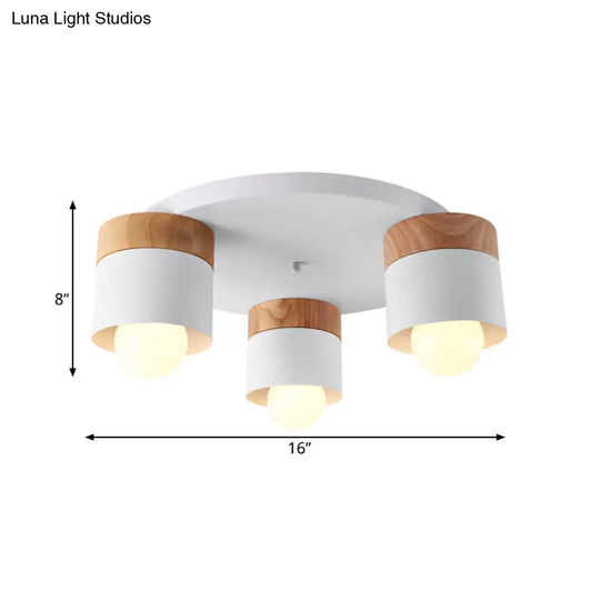 Modern Nordic Iron Cylinder Flush Mount Fixture With Wood Top - White 3 Bulb Ceiling For Bedroom