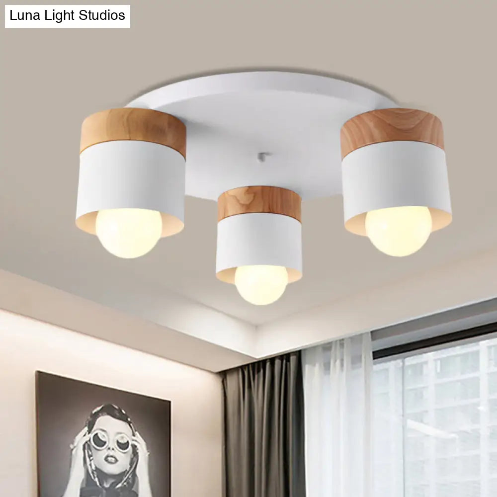 Modern Nordic Iron Cylinder Flush Mount Fixture With Wood Top - White 3 Bulb Ceiling For Bedroom
