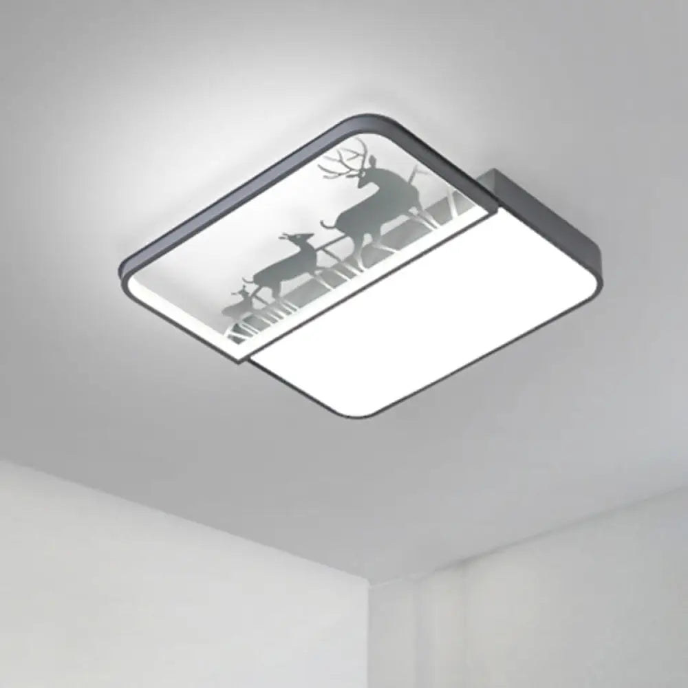 Modern Nordic Led Flush Ceiling Light - Black/Grey Deer Mount With Aluminum Square Shade Grey