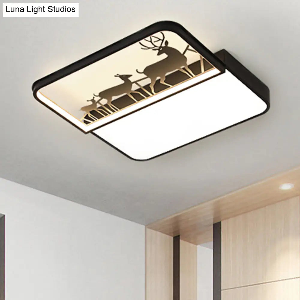 Modern Nordic Led Flush Ceiling Light - Black/Grey Deer Mount With Aluminum Square Shade