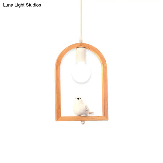 Nordic Style Resin Bird Pendant Ceiling Lamp In White With Wooden Arch Frame - 1 Light