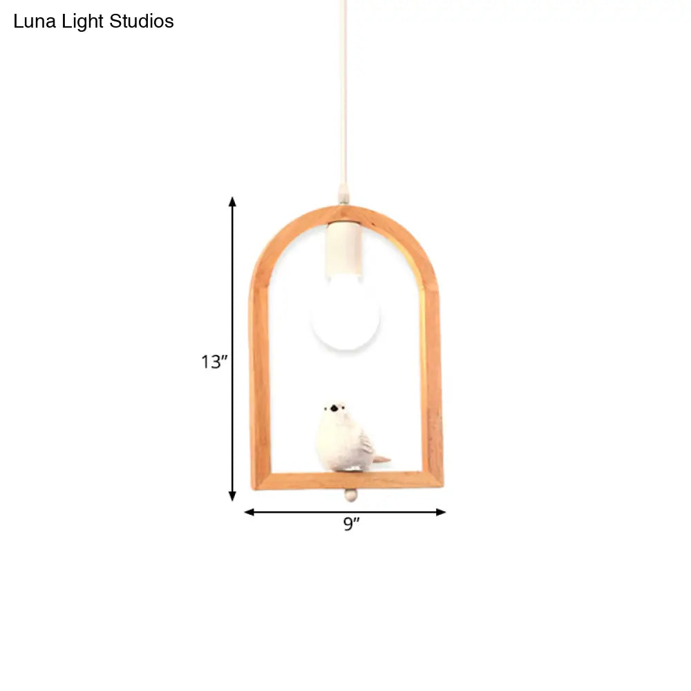 Modern Nordic Pendant Ceiling Lamp With Resin Bird Wooden Arch Frame - White 1 Light