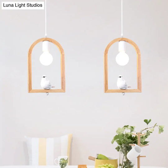 Modern Nordic Pendant Ceiling Lamp With Resin Bird Wooden Arch Frame - White 1 Light