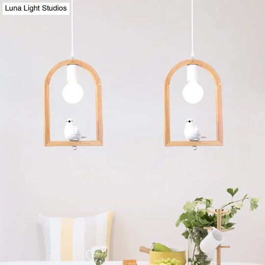 Nordic Style Resin Bird Pendant Ceiling Lamp In White With Wooden Arch Frame - 1 Light