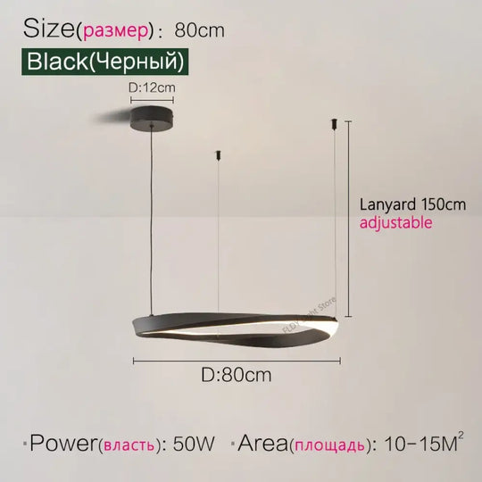 Modern Nordic Pendant Lamp - Dimmable Led Ceiling Light Black 80Cm / Cool White (6000K)